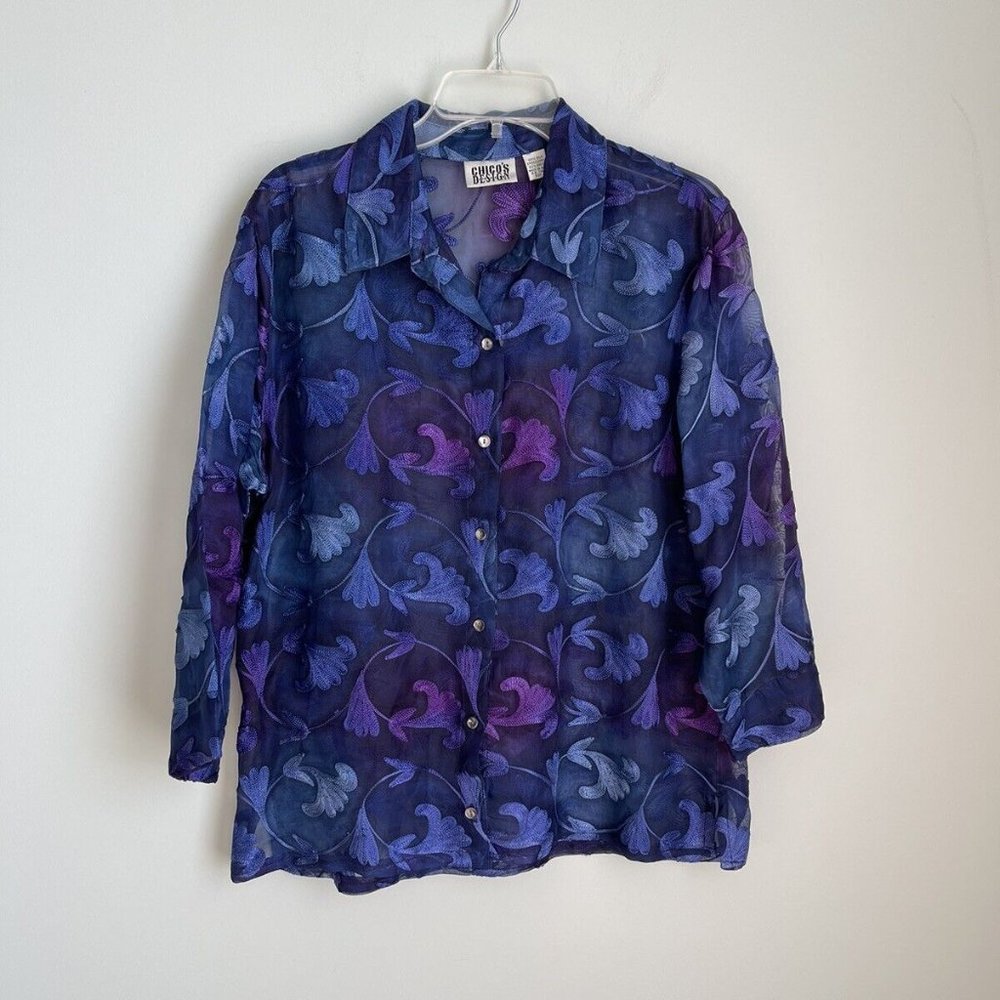 Chicos Design 2 Blue Purple 100% Silk Embroidered Sheer Jacket